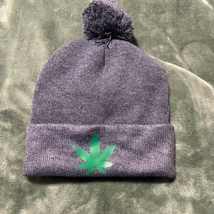 🌻Gray-Blue Pom-Pom Beanie with Green Leaf Design🌻